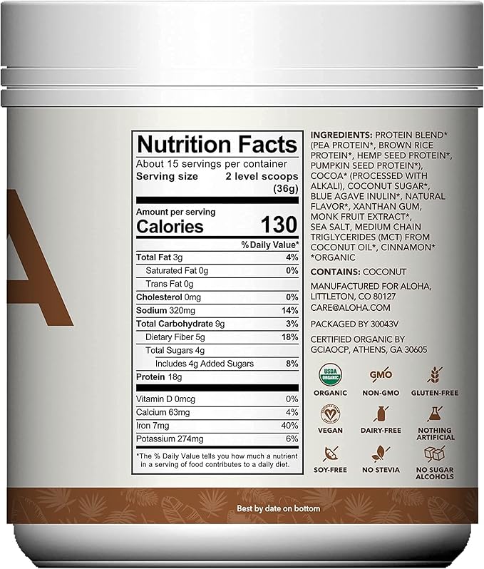 ALOHA Organic Plant Based Protein Powder Stevia Free Chocolate 19.6 oz 15 Servings
