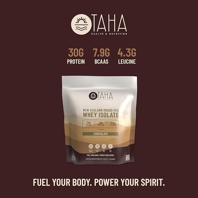 Taha Health &amp Nutrition Chocolate Whey Protein Isolate Powder 30g Protein 7.9g BCAAs 4.3g Leucine | New Zealand Free-Range Grass-Fed Dairy | Gluten-Free Keto Kosher | 2LB ~24 Servings