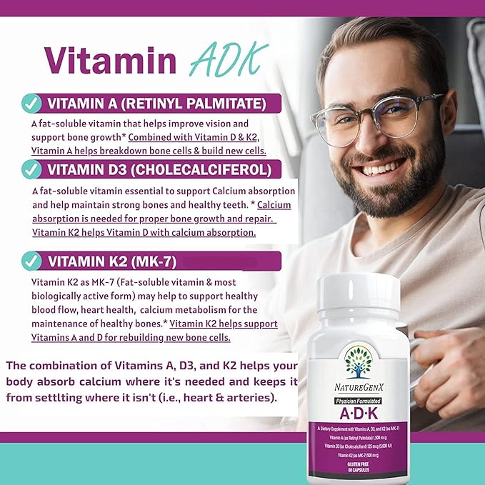 ADK Vitamin Supplement 5000 IU - High Potency Vitamins A D3 and K2 for Bone Health and Calcium Absorption | Gluten-Free Vitamin ADK Supplement 60 Day Supply 60 Capsules