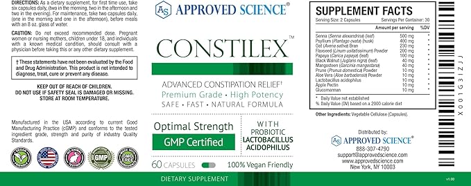 Approved Science Constilex - Rapid Constipation Relief &amp Support from Future Episodes - Promotes Healthy Levels of Bacteria and Strengthens Intestinal Flora - 1 Bottle