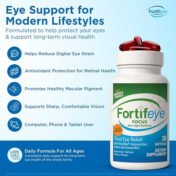 Fortifeye Focus Eye Care Supplement 90 Softgel Capsules - Triple Carotenoid Including Astaxanthin Lutein and Zeaxanthin Supplements Eye Vitamins Supports Eyes Fatigue and Blue Light Protection