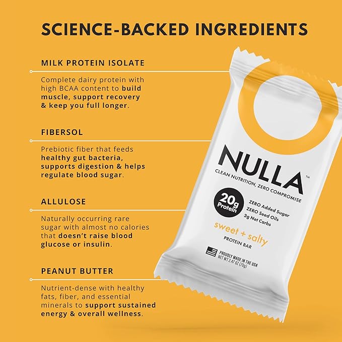 Nulla Bar 12 Count Box NO SEED OILS 20 grams Protein 2-3g Net Carbs (Sweet + Salty)