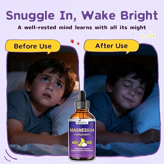 VivoNu Magnesium Drops for Kids Magnesium Glycinate Liquid for Children's Supplement with Vitamin D3 K2 B12 &amp B6 Omega 3L-theanineLemon Balm for SleepRelaxationCalmFocus Strawberry Flavor