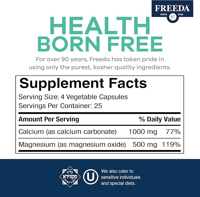 Freeda Super Cal/Mag – Kosher Vegan Bone Health Supplement – Supports Bone Strength Nerve Function &amp Muscle Relaxation – Vegetarian Calcium Magnesium Capsules – Third-Party Tested – 250 Capsules