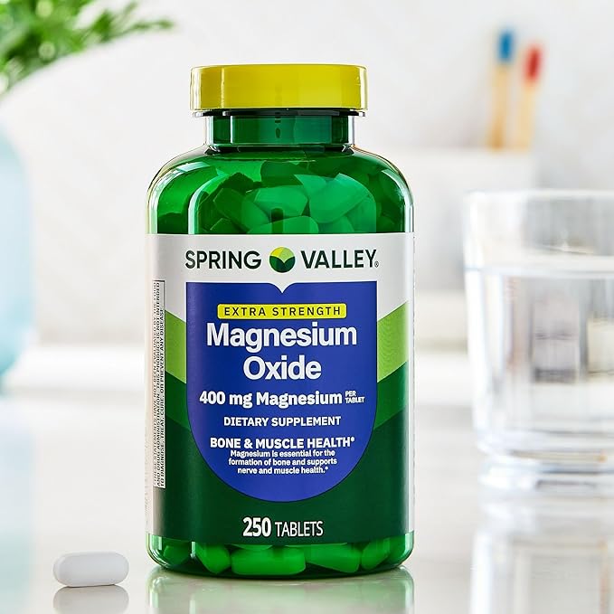 Spring Valley Magnesium 400 mg Bone &amp Muscle Health Tablets Dietary Supplement 250 Count Best Magnesium Supplement for Women Pastillas de Magnesio para Mujer - Set by Basket Goods