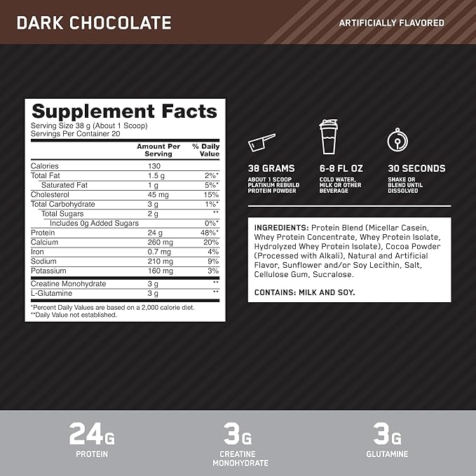 Optimum Nutrition Platinum Rebuild Premium Platinum Blend Protein Powder with Creatine Monohydrate Dark Chocolate 20 Servings