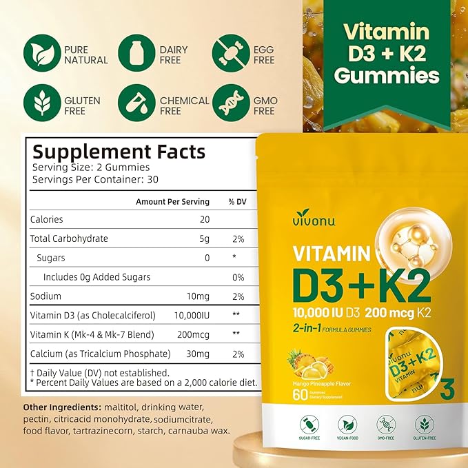 Vitamin D3 K2 Gummies D3 10000 IU &amp MK7-200 mcg 2 in 1 Vitamins D &amp K Complex | Vitamina D3 con K2 | Supports Calcium Absorption Bone Immune &amp Heart Health Easy to Carry and use (180