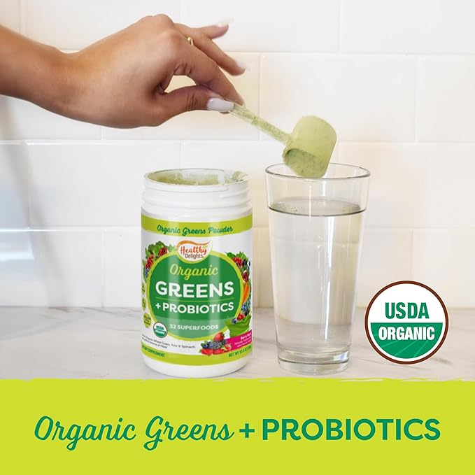 Healthy Delights Naturals - Organic Greens + Probiotics Powder - Naturally Boost Energy - USDA Organic - Delicious Berry Flavored - 30 Servings