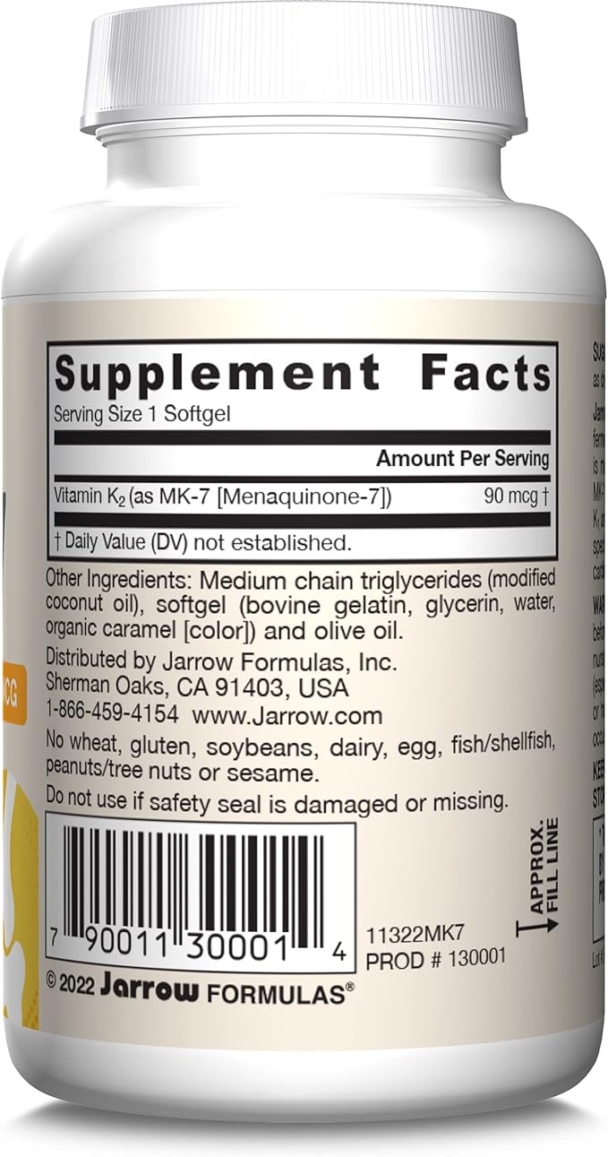 Jarrow Formulas MK-7 90 mcg - Bioactive Form of Vitamin K2-60 Servings (Softgels) - for Bone &amp Cardiovascular Health - Vitamin K2 MK-7 Dietary Supplement - K2 Vitamin Supplement MK-7 - Gluten Free
