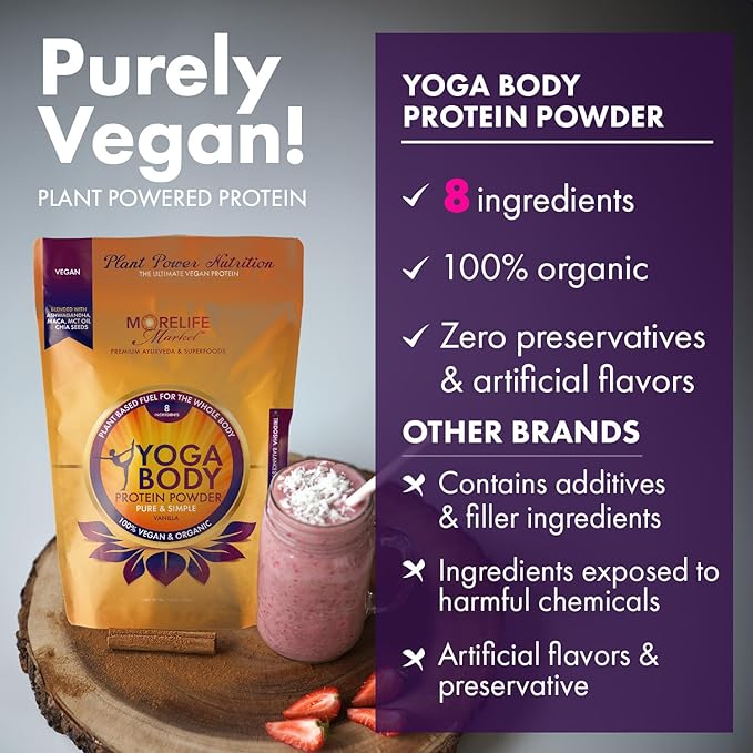 Yoga Body Protein Powder | 100% Vegan &amp Organic | Vanilla Flavor | Pea Hemp Chia | Plant Based Fuel | Meal Replacement | Ayurvedic-Friendly (1 lb)