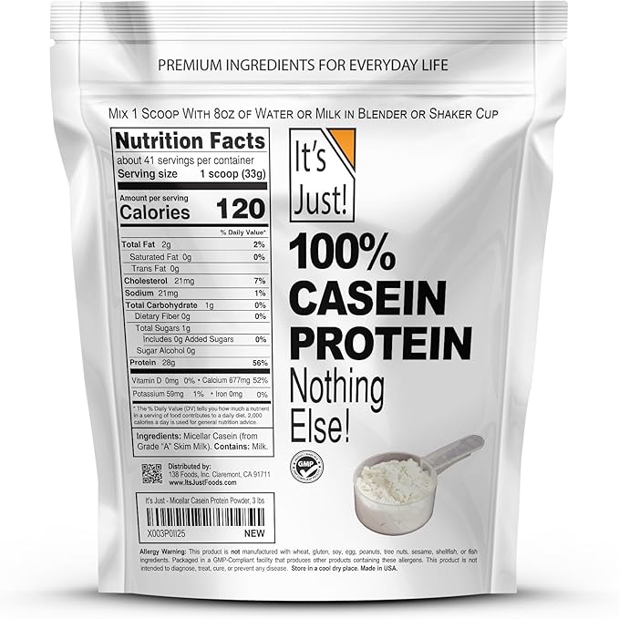 It's Just! - 100% Casein Protein Powder Made in USA One Ingredient Slow Burning Time Release 6.9g BCAAs 1g Carb Non-GMO (Unflavored 3lbs/48oz)