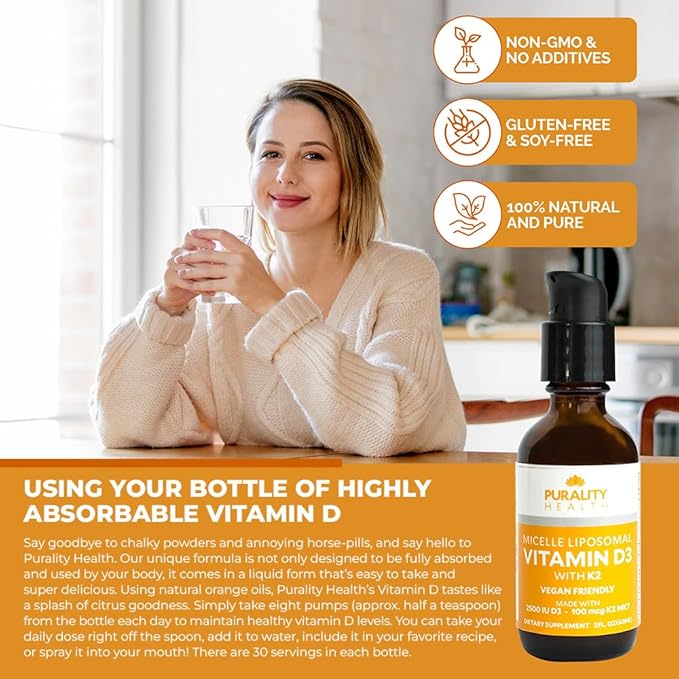 PURALITY HEALTH Vitamin D3 with K2 Liquid Supplement Vegan Micelle Liposomal Enhanced Absorption Non-GMO 30 Day Supply