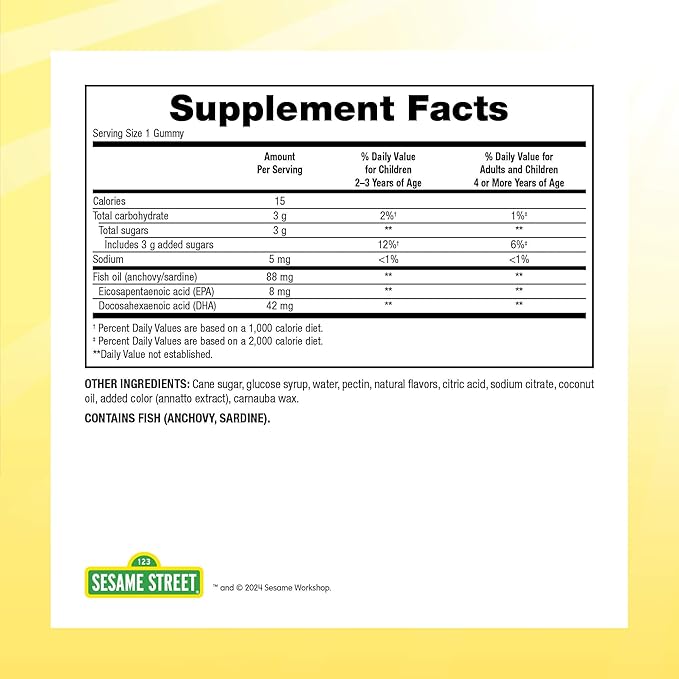 Sesame Street Omega 3 Gummies for Kids 50 mg of Omega-3 per Gummy 4 Month Supply No Fishy Aftertaste Shellfish Free Supplement Brain &amp Eye Support 120 Gummies