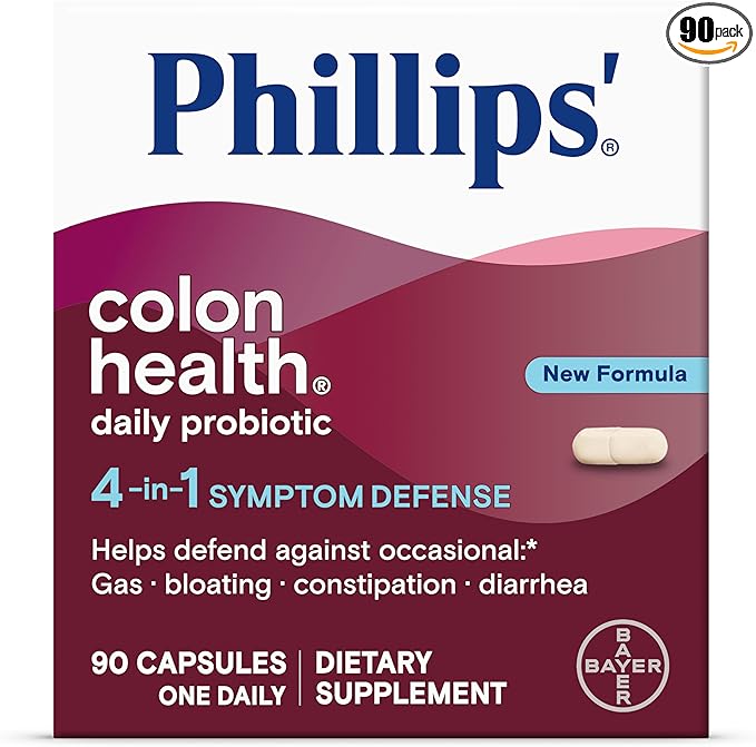 Phillips' Colon Health Daily Probiotic Capsules 4-in-1 Symptom Defense to Help Defend Against Occasional Gas Bloating Constipation and Diarrhea Daily Supplement 90 Count