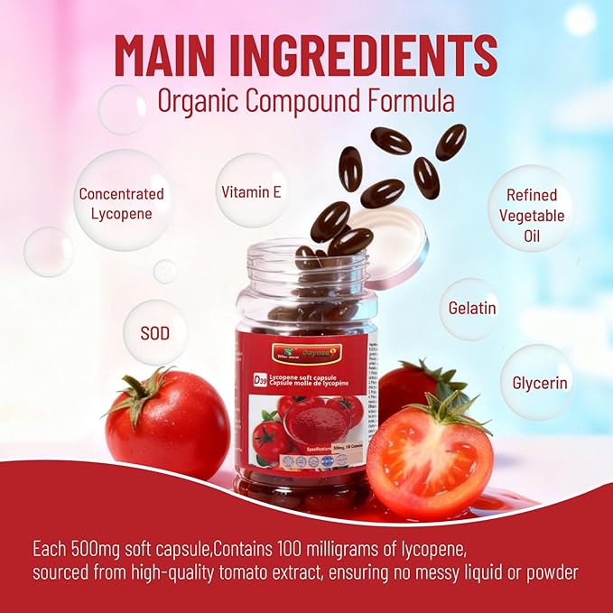 Lycopene Softgel Capsule 500mg Super Vegetable Tomato Supplement Extract Supports Heart Prostate &amp Skin Health 100 Count