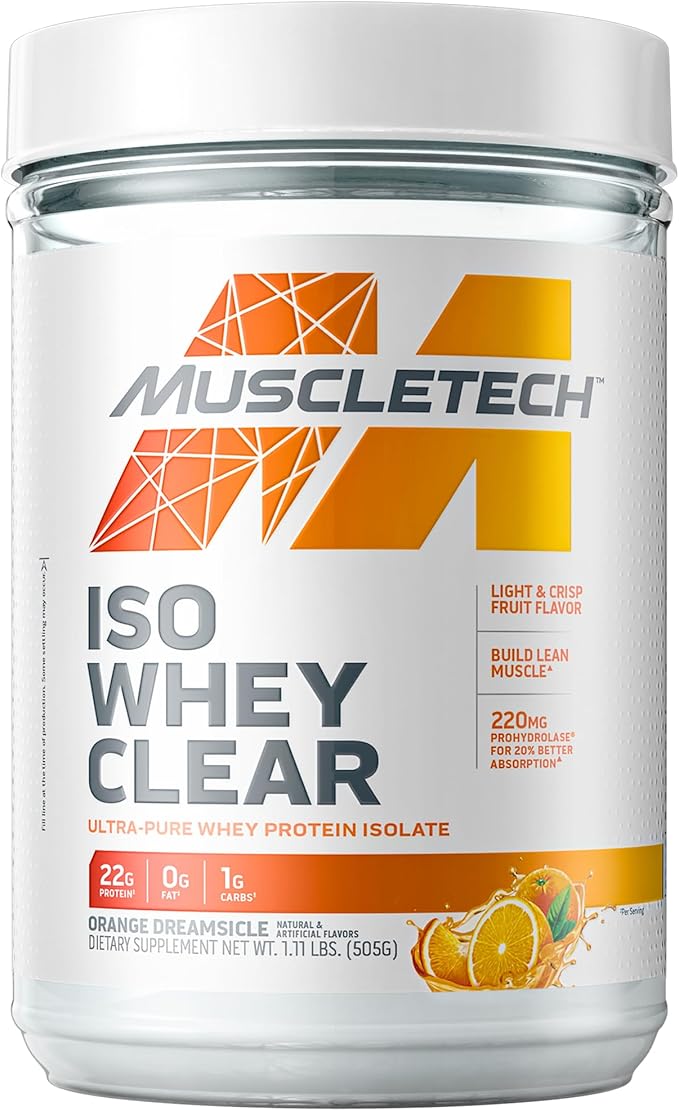 MuscleTech Whey Protein Powder Clear Whey Protein Isolate Whey Isolate Protein Powder for Women &amp Men Clear Protein Drink 22g of Protein 90 Calories Orange Dreamsicle 1.1lb (19 Servings)