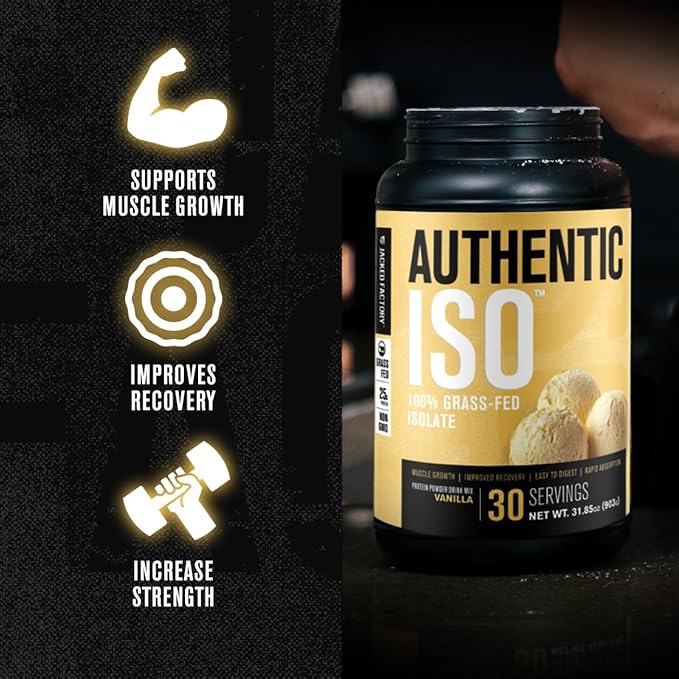 Jacked Factory Authentic ISO Grass Fed Whey Protein Isolate Powder - Low Carb Non-GMO Muscle Building Protein (30 Servings Vanilla) Creatine Monohydrate Powder (30 Servings Unflavored)