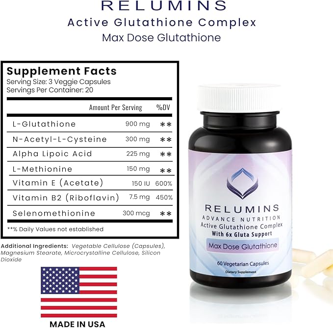 Relumins Advance White Active Glutathione Complex - Max Dose 900mg Glutathione with 6X Boosters ALA &amp NAC - Spring Glow Essentials Anti-Aging Skin Brightening Supplement - 60 Caps x 3 Bottles