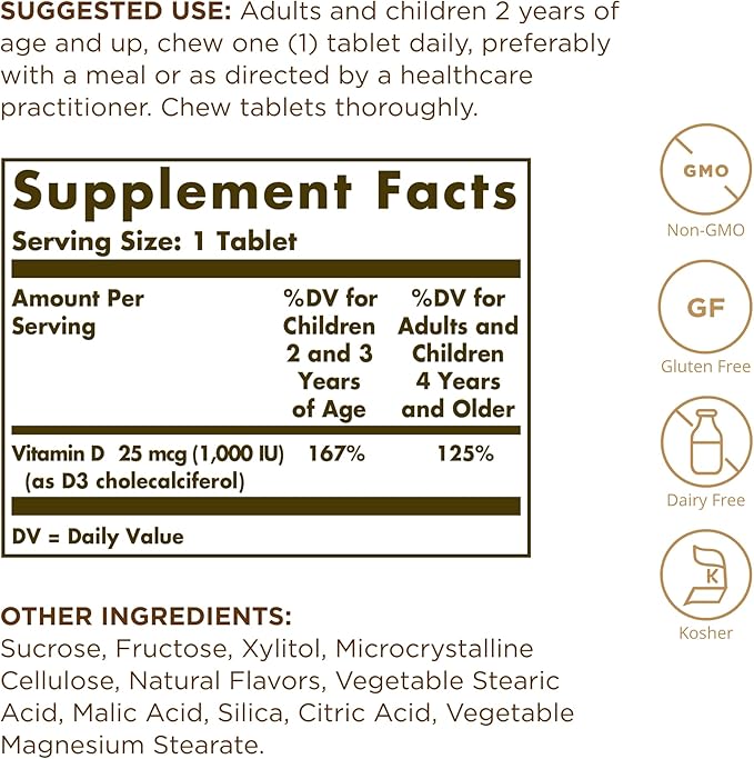 Solgar Vitamin D3 (Cholecalciferol) 25 mcg (1000 IU) Natural Strawberry Banana Swirl - 100 Chewable Tablets - Non-GMO Kosher - 100 Servings (Pack of 2)
