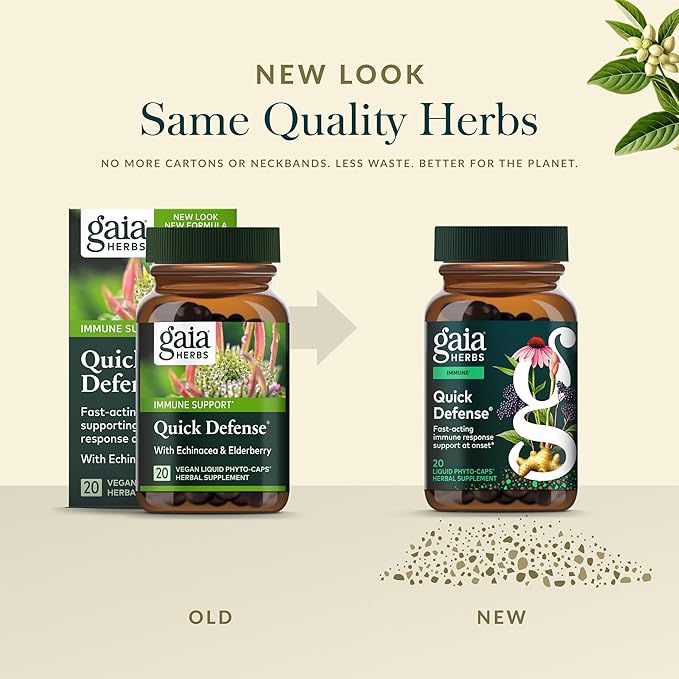 Gaia Herbs Quick Defense - Fast-Acting Immune Support Supplement* - Echinacea Black Elderberry Ginger &amp Andrographis - 20 Vegan Liquid Phyto-Caps (10 Servings)
