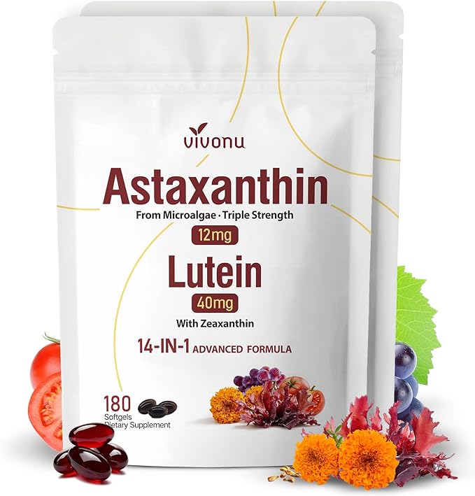 14-in-1 Astaxanthin 12mg &amp Lutein 40mg with Zeaxanthin Supplements 12 Month Supply Fresh Microalgae Source Supports Eye Skin Antioxidant Joint Circulatory Health Non-GMO Gluten Free 2 Ba