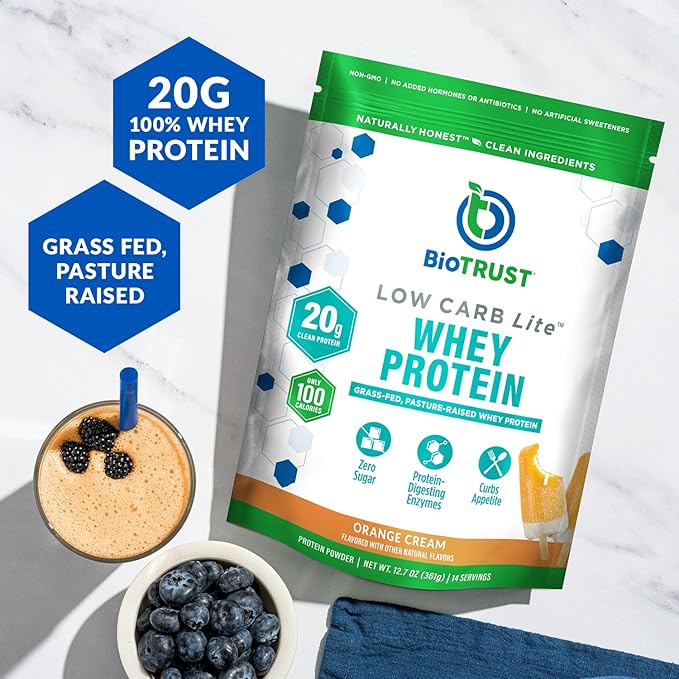 BioTrust Low Carb Lite 20 Grams of Grass-Fed Whey Protein Isolate 100 Calories ProHydrolase Digestive Enzymes Non-GMO Free from Soy and Gluten rBGH-Free (14 Servings) (Orange Cream)