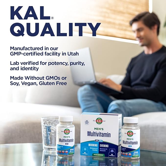 KAL Men's Multivitamin AM/PM Antioxidants Supplement Muscle Immune Electrolyte Balance Overall Wellness Support Made Without GMOs and Soy Vegan 30 Servings 120 Tablets
