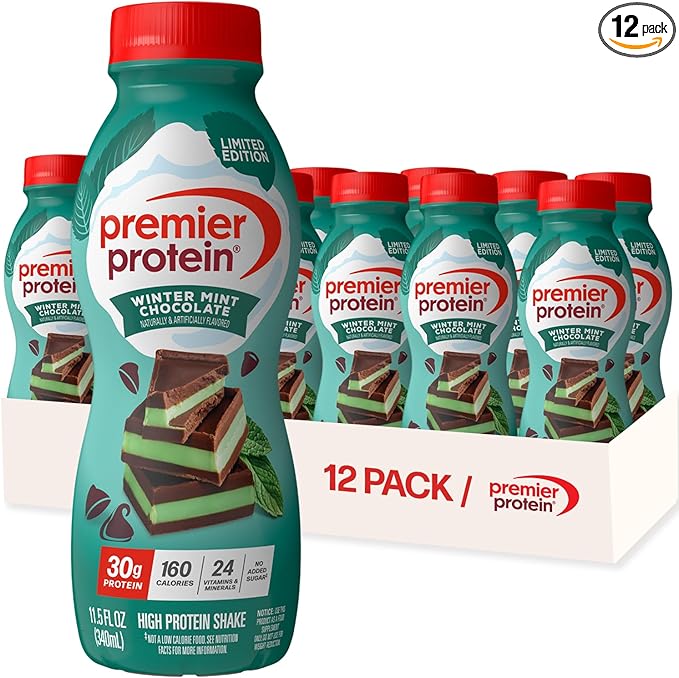 Premier Protein Shake LIMITED EDITION Winter Mint Chocolate 30g Protein No Added Sugar 24 Vitamins &amp Minerals to Support Immune Health 11 fl oz 12 Pack