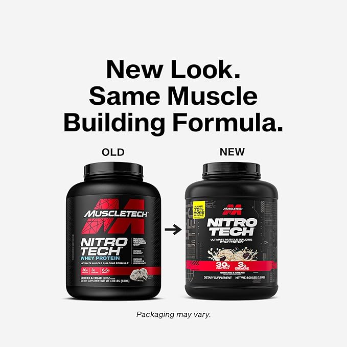 Muscletech Whey Protein Powder (Cookies &amp Cream 4 Pound) - Nitro-Tech Ultimate Muscle Building Formula with Whey Protein Isolate - 30g of Protein 3g of Creatine &amp 6.8g of BCAA - Packaging Ma