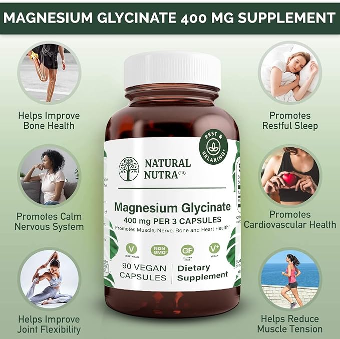 Natural Nutra Magnesium Glycinate 400 mg Supplement Promotes Cardiovascular Health Vegan Helps Improve Bone Health Soy Free 90 Capsules