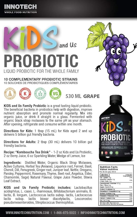 Innotech Nutrition Kids &amp Us Liquid Probiotic Kids Digestive &amp Immune Support Triple Fermented Formula Grape Flavor 530ml (17.9 fl oz)