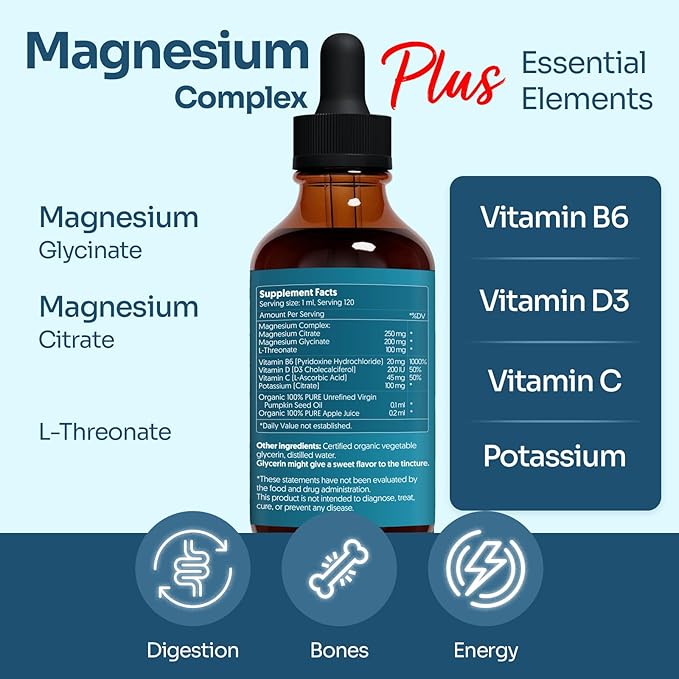 Magnesium Complex Plus 4 fl oz Liquid Drops - Advanced Magnesium Citrate Glycinate L-threonate with Vitamins B6 D C Supplement - High Potency 100% Absorption - 60-Day Supply
