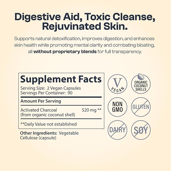 My Vida Origins Activated Coconut Charcoal Capsules - Detox Gas Relief Digestive and Gut Health Support | Vegan Organic Non-GMO Gluten Free No Additives - 90 Count