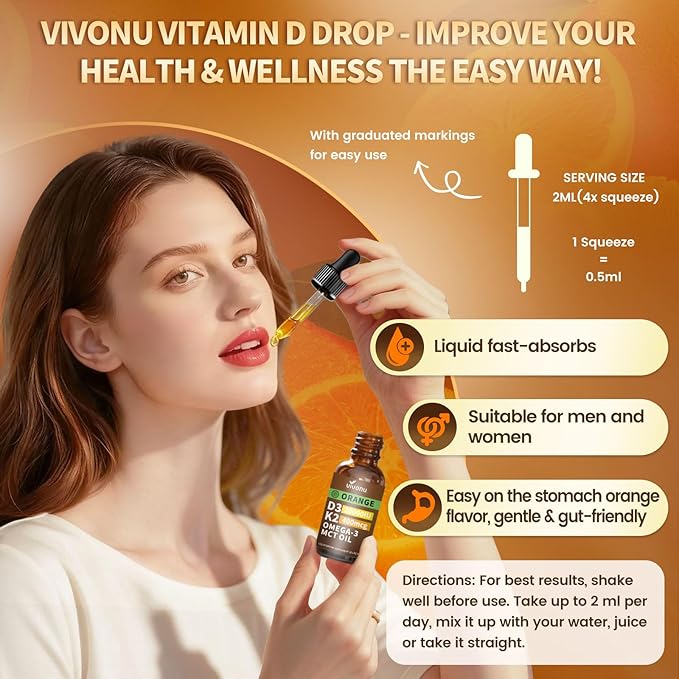 VivoNu Vitamin D3 K2 Drops D3 20000 IU &amp K2 as MK-7 400mcg Orange Flavor Vitamin D Liquid Drops Supplement with Magnesium Calcium Zinc &amp Omega 3 for Immune* Mood* Bone* Health
