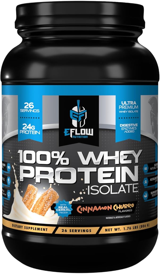 eFlow Nutrition 100% Whey Protein Isolate - Lactose-Free Digestive Enzymes Added Low Carb Post Workout Shake Fast Digesting for Optimal Muscle Recovery - Cinnamon Churro (26 Servings)