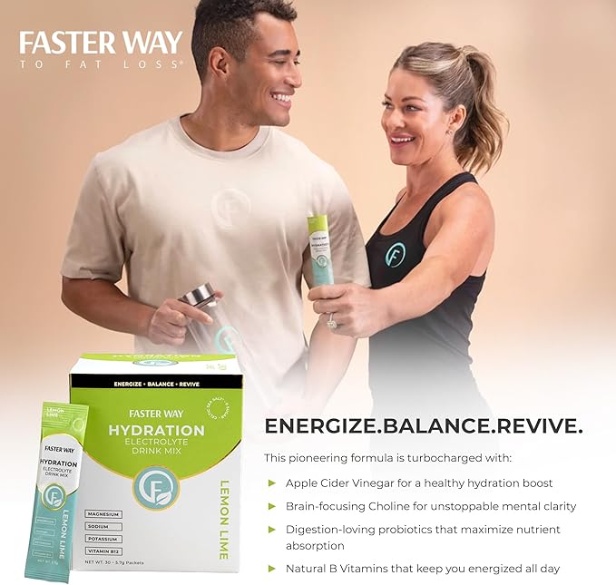 Faster Way - Hydration - Electrolyte Drink Mix - With Apple Cider Vinegar Choline Probiotics &amp Natural B Vitamins - Energize &amp Revive - Powder Packets - Zero Sugars -Gluten Free -Lemon Lime