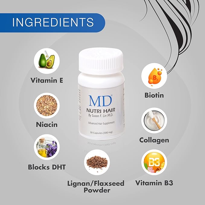 MD Nutri Hair Growth Supplement – Physician Formulated with Lilac Stem Cells Marine Collagen &amp Biotin – Supports Thicker Fuller Hair &amp Reduces Shedding – 30 Drug-Free Vegetable Capsules