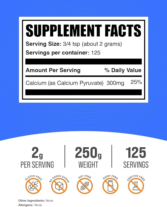 BulkSupplements.com Calcium Pyruvate Powder - Calcium Supplement Pyruvate Supplement - Unflavored &amp Gluten Free 2g per Serving 250g (8.8 oz) (Pack of 1)