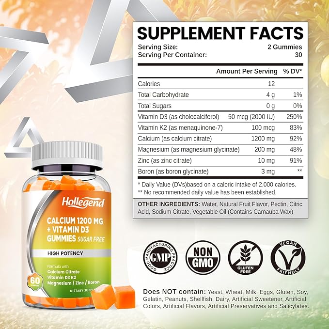 Calcium 1200 mg with Vitamin D3 Gummies Calcium Citrate Chewables with Magnesium Zinc Vitamin K2 Boron Bone Health Sugar Free 60 Count
