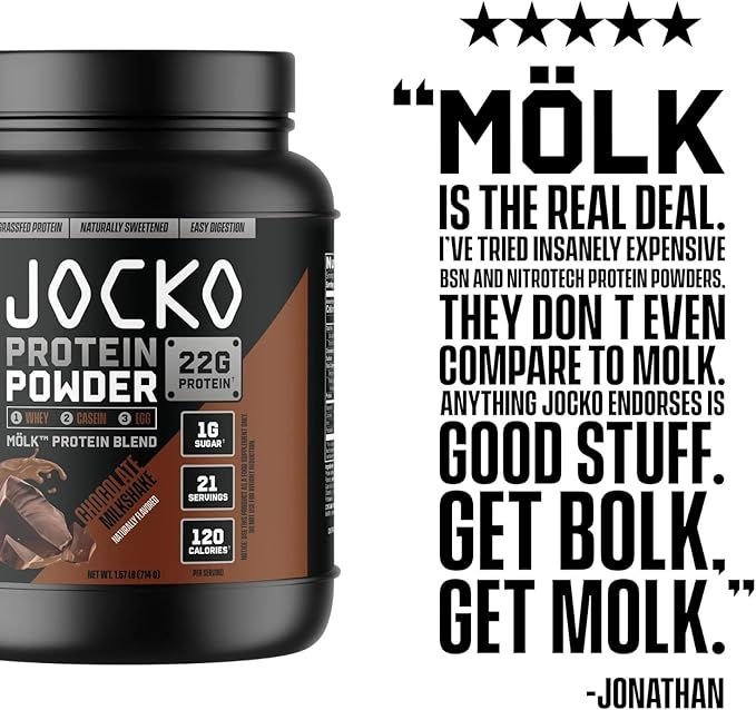 Jocko-Mölk Protein Powder 21 Servings - Grass-Fed Whey Micellar Casein Egg Protein Blend with Digestive Enzymes Probiotics Sugar-Free Soy-Free Gluten-Free (1.48 lbs Chocolate)