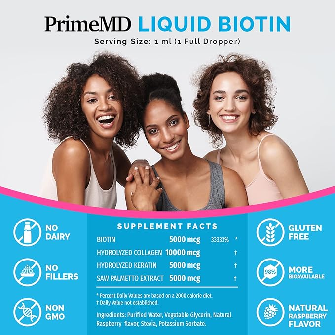 PrimeMD 4-in-1 Liquid Biotin Collagen Keratin Saw Palmetto Drops (3 Pack) Bundle - 25000mcg Hair Nails and Skin Vitamins for Women &amp Men - 2 Fl Oz Each Watermelon Flavor Gluten-Free Non-GMO