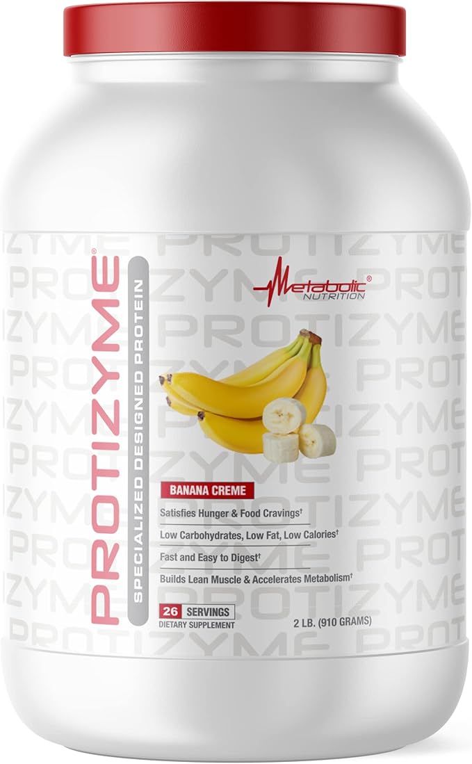 Metabolic Nutrition - Protizyme - Whey Protein Powder High Protein Low Carb Low Fat with Digestive Enzymes 24 Essential Vitamins and Minerals Banana Creme 2 Pound