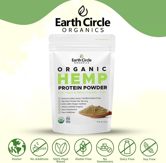Earth Circle Organics Organic Hemp Protein Powder Lab Tested 100% Gluten Free Plant Based &amp Vegan Raw Protein Powder - Perfect for Keto Meal Replacement Shakes Pre &amp Post Workout (8oz Pac