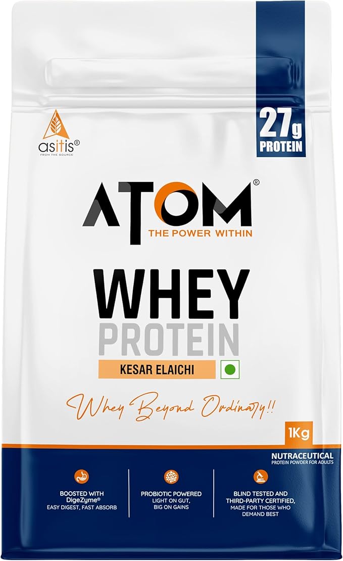 Asitis Nutrition AS-IT-is Atom Whey Protein 1kg/35.2 Oz with Digestive Enzymes | USA Labdoor Certified for Accuracy &amp Purity | Kesar Elaichi Flavor | 27g Protein | 5.7g Bcaaâ