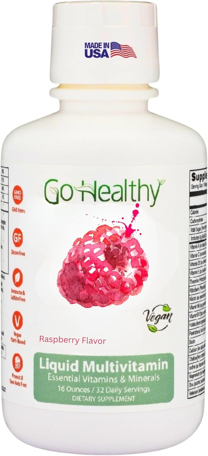 Go Healthy Liquid Vitamins for Women Men Teens | Vegan Vitamin &amp Mineral | High Absorption | Premium Liquid Multivitamin | Immune Support | Raspberry - 32 Servings