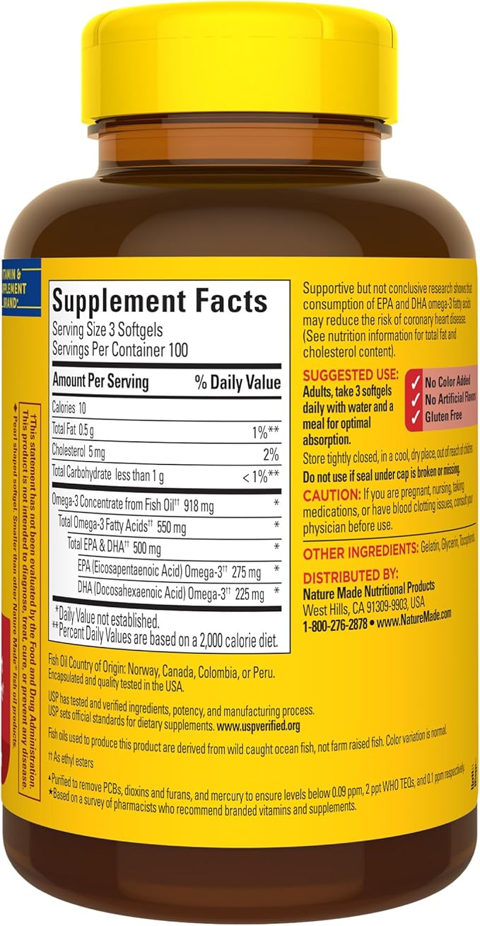 Nature Made Omega 3 Fish Oil Supplements550mg Per ServingFish Oil Omega 3 Supplements as Ethyl Esters for Healthy Heart Support300 Softgels100 Day Supply(Pack of 2)