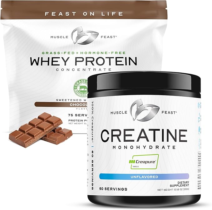 Muscle Feast Bundle – Grass-Fed Whey Protein Concentrate Chocolate 5lb (1 Unit) + Creapure Creatine Monohydrate Powder Unflavored 300g (1 Unit) All Natural Hormone-Free Pasture Raised