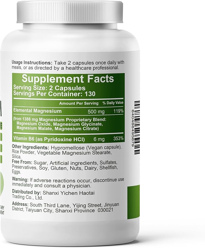 Magnesium Glycinate Complex Supplements 260 Capsules (130 Servings) | 500mg Magnesium Glycinate Citrate Malate &amp Oxide | High Absorption Vegan Gluten Free Easy to Swallow 260 Count (Pack of