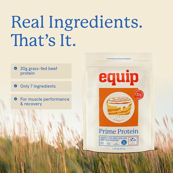 Equip Foods Prime Protein Powder | Clean Grass Fed Beef Protein Powder for Women &amp Men | Carnivore Protein Isolate | Paleo Keto Friendly | Gluten Dairy Free | 30 Servings Cinnamon Roll