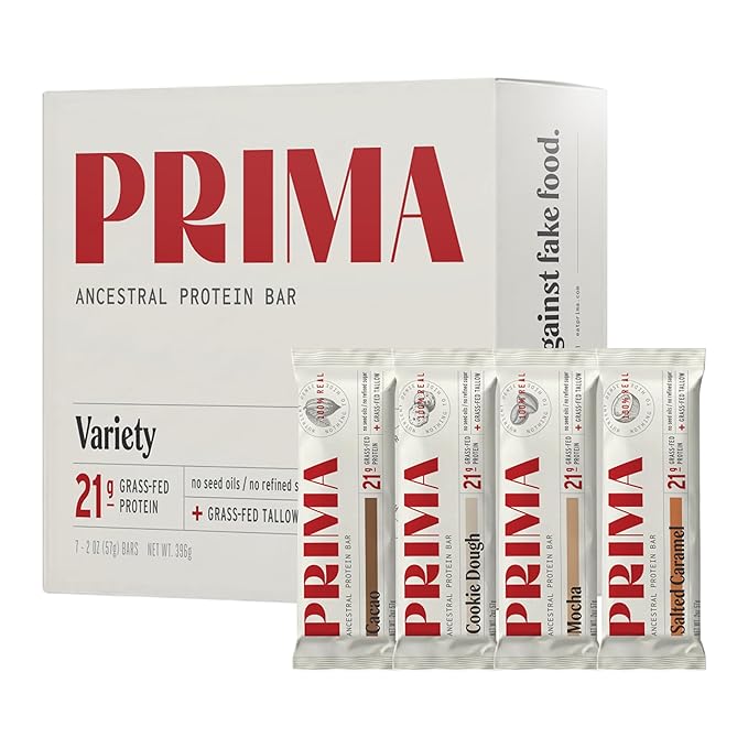 PRIMA ANCESTRAL PROTEIN BAR Grass Fed Protein Bars - 21G Protein – Animal-Based Protein Bar with Beef Tallow Raw Honey Seed Oil Free Low Carb Gluten-Free – Variety Pack - 7 Pack